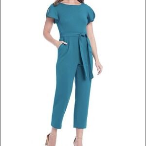 Calvin Klein Teal Tulip Sleeve Belted Stretch Crepe Wide Leg‎ Crop Jumpsuit 10
